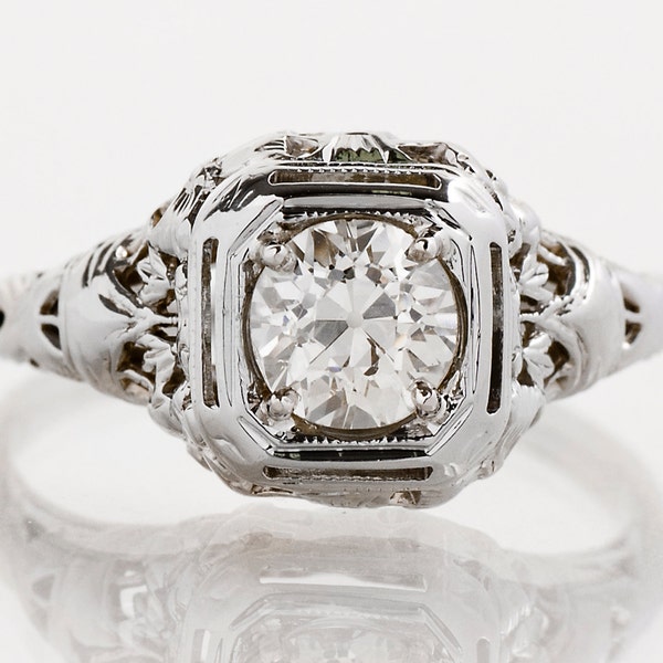 Antique Engagement Ring - Antique 18k White Gold Filigree Diamond Engagement Ring