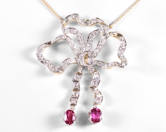 Antique Edwardian Necklace - Antique Edwardian 14k White & Yellow Gold Diamond and Ruby Bow Conversion Necklace