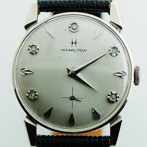 Vintage 14k White Gold and Diamond Men's Hamilton Watch with Leather Strap Bild 1