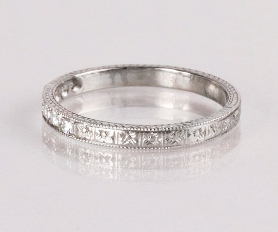 Antique Wedding Band Antique 18k White Gold Etched Diamond Etsy