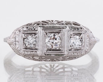 Antique Engagement Ring - Antique Edwardian 18k White Gold Filigree 3-Stone Diamond Ring