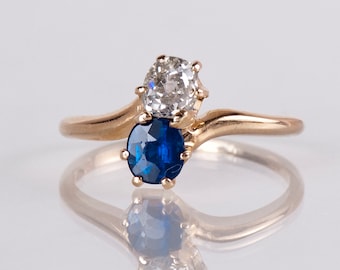 Antique Ring - Victorian Ring - Antique Victorian 15K Rose Gold Diamond and Sapphire Ring