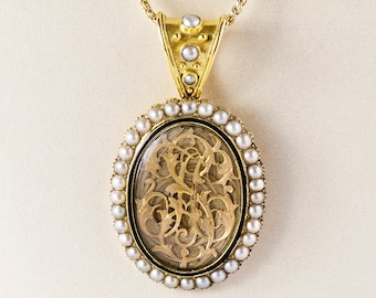 Antique Necklace - Antique Victorian Yellow Gold Engraved 1859 Mourning Pendant
