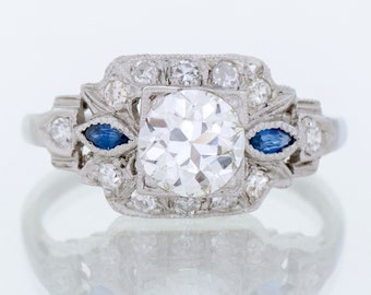 Antique Engagement Ring - Antique Art Deco Platinum Diamond & Sapphire Ring