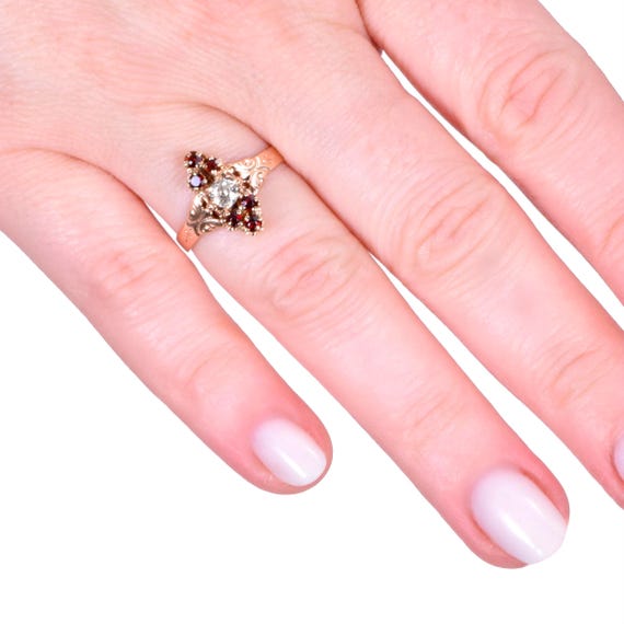 Antique Ring - Antique Victorian 10k Rose Gold Diamond & Garnet Navette Ring View 5