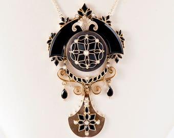 Antique Victorian Onyx Mourning Necklace: 15k Gold & Seed Pearl, Circa 1870s