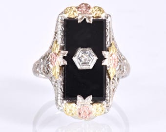 Antique Ring - Antique 1920's 10k Tri-gold Filigree Onyx