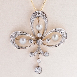 Antique Necklace - Antique Circa 1900 Platinum Diamond & Seed Pearl Bow Pendant