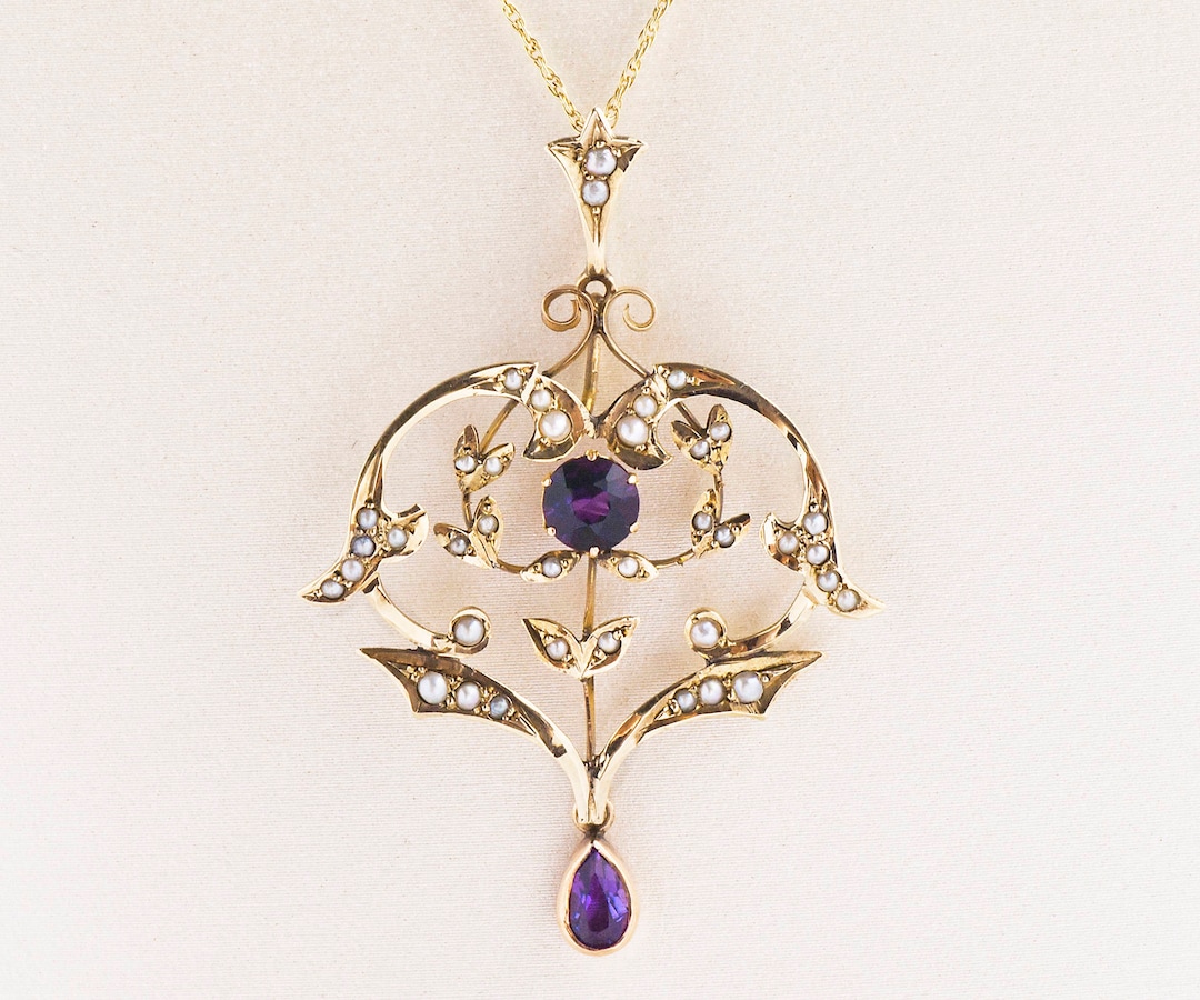 Antique Necklace - Antique 14k Yellow Gold Amethyst and Seed Pearl ...