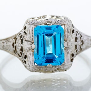 Antique Ring - Antique 14k White Gold Rectangular 2ct Blue Topaz Filigree Ring