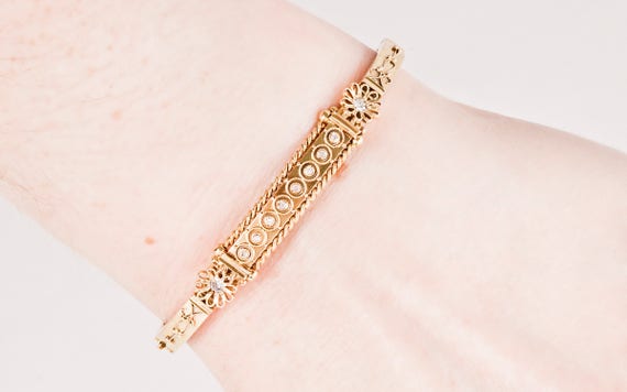 Antique Bangle - Antique Victorian 15k Yellow Gold Diamond Bangle Bracelet