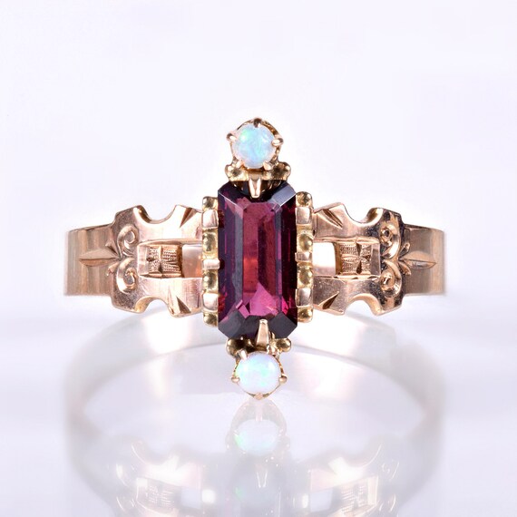 Antique Ring - Antique Victorian 10k Rose Gold Garnet & Opal Ring