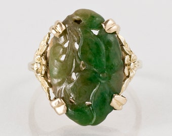 Antique Carved Jadeite Ring: 1930s 14k Yellow Gold, Floral Details