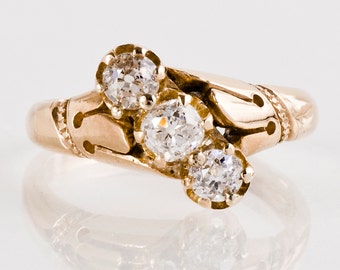 Antique Engagement Ring - Antique Diamond Ring - Antique 14K Rose Gold 3-Stone Diamond Engagement Ring