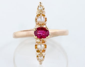 Victorian 10k Rose Gold Navette Ring: Ruby & Seed Pearl Antique