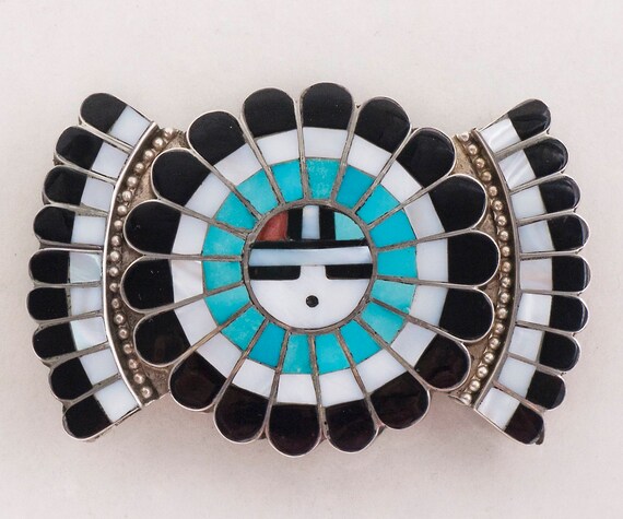 Rare Zuni Sterling Silver Inlay Belt – Turquoise, Onyx, Coral & Mother of Pearl​ One Of The Best Ever Vintage Native American Zuni Turquoise  main image 4