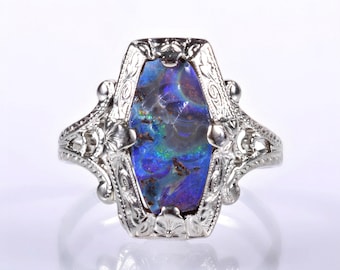 Antique Ring - Antique 14k White Gold Ostby Barton Boulder Opal Ring