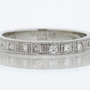 Antique Wedding Band - Antique 18k White Gold Diamond & Flower Engraved Wedding Band