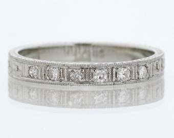 Antique 18k White Gold Diamond Wedding Band - Flower Engraved