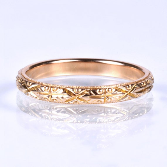 Antique Wedding Band - Antique 18k Rose Gold Engra