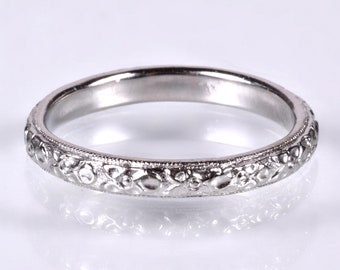 Antique Wedding Band - Antique Platinum Blossom Pattern Etched Wedding Band