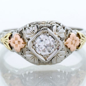 Antique Engagement Ring - Antique 1920's 18k Tri-Gold Engraved "1929" Diamond Engagement Ring