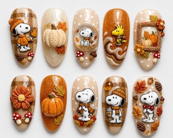 Handmade Autumn Snoopy Press On Nails | 3D Sculpted Snoopy, Pumpkins and Maple Leaves | Fall Plaid and Glitter Orange Design