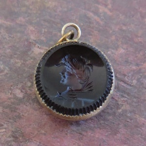Antique Roman Warrior Carved Double Sided Intaglio on Amber Glass, Set in Brass, Pocket Watch Chain Fob, Open Link Charm or Pendant
