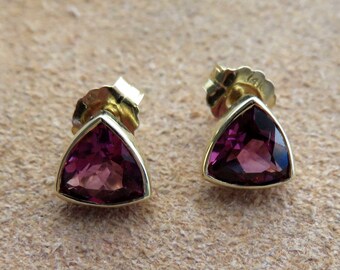 14K Solid Yellow Gold And Geometric Design Genuine Amethyst Ladies  Earrings With Jumbo Flower Back Earrings