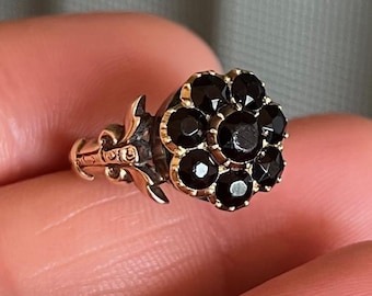 Anillo de luto georgiano antiguo de oro de 10 quilates, cristal azabache francés Vauxhall, talla 6 1/2