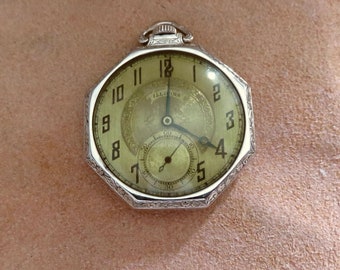 14K Solid White Gold 1929 Illinois 21j, Size 12 Men Dress Mechanical  Pocket Watch, Recently Serviced, Keeps very good time