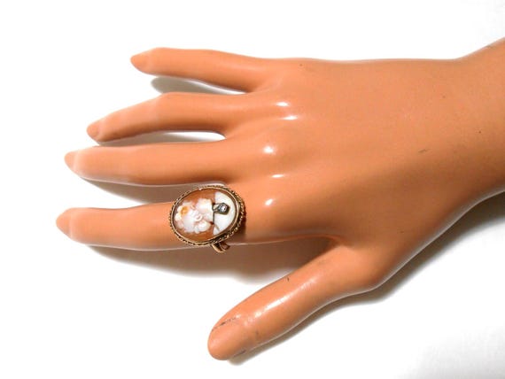 Victorian 10K Rose Gold Shell Cameo Diamond Ring Size 6 3/4