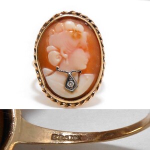 Anillo victoriano de oro rosa de 10 quilates con camafeo de concha y diamante, talla 6 3/4 imagen 3
