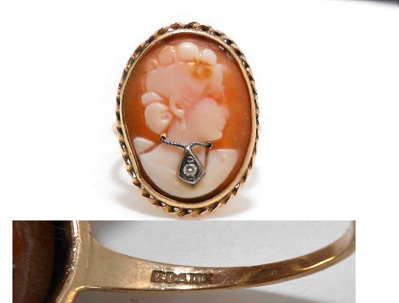 Anillo victoriano de oro rosa de 10 quilates con camafeo de concha y diamante, talla 6 3/4 imagen 3