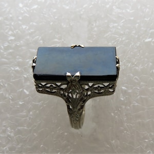 Victorian 14K White Gold Filigree Onyx Mourning Ring - Size 4.5