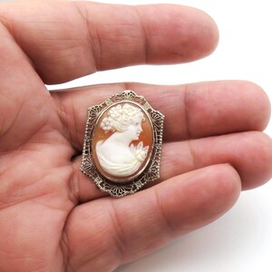 May include: An oval cameo brooch featuring a profile of a woman with a floral accent. The cameo is set in a filigree frame with a gold tone finish. The woman's profile is carved in shades of orange and white.