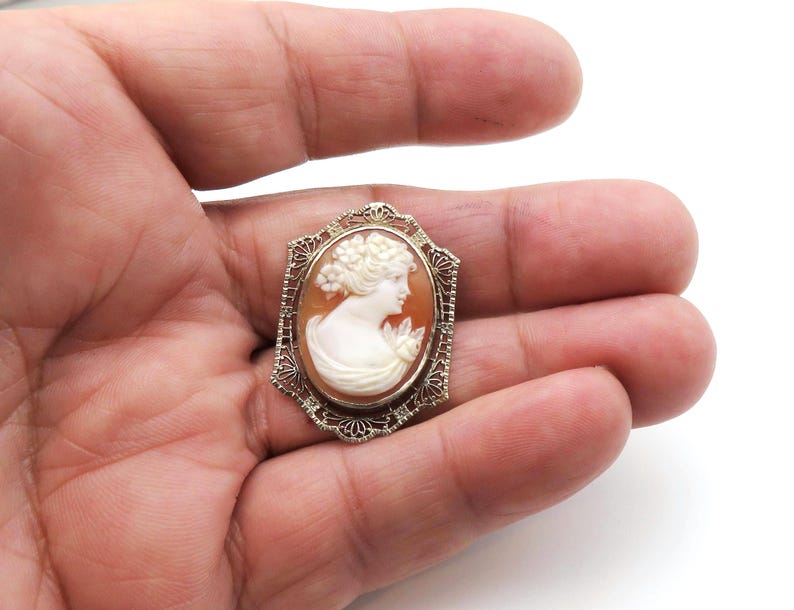 May include: An oval cameo brooch featuring a profile of a woman with a floral accent. The cameo is set in a filigree frame with a gold tone finish. The woman's profile is carved in shades of orange and white.