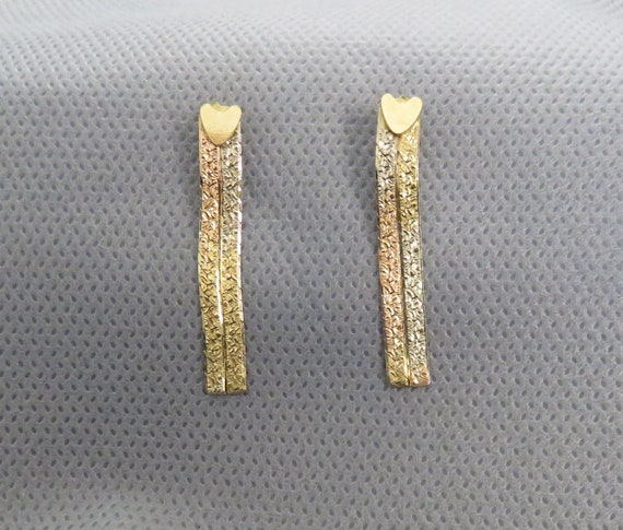 14K Solid Gold Multicolor Herringbone Link Dangle… - image 2