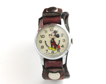 1960s Walt Disney Mickey Mouse Mechanical Watch With Original Leather Band
