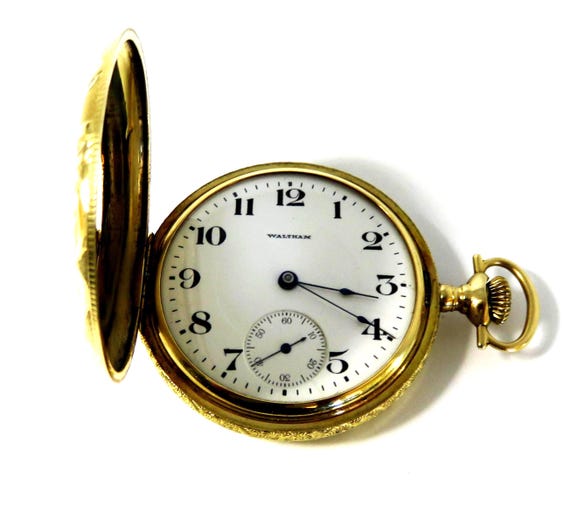 1916 Waltham 14K Gold Hunter Case Pocket Watch Engraved Bird
