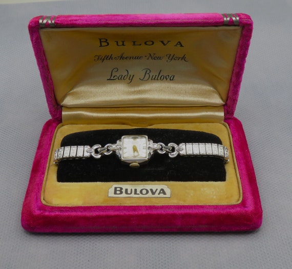 1950s Bulova 14K Solid White Gold Case, 6 Diamond… - image 1