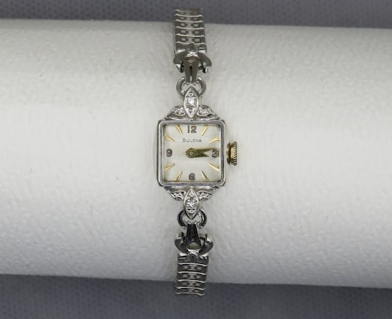 1950s Bulova 14K Solid White Gold Case, 6 Diamond… - image 3