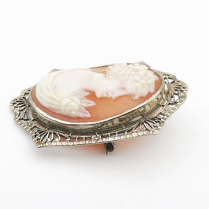May include: Oval cameo brooch featuring a woman's profile carved in white against a peach background. The cameo is set in a silver-toned filigree frame with a pin clasp on the back. A classic piece of jewelry.