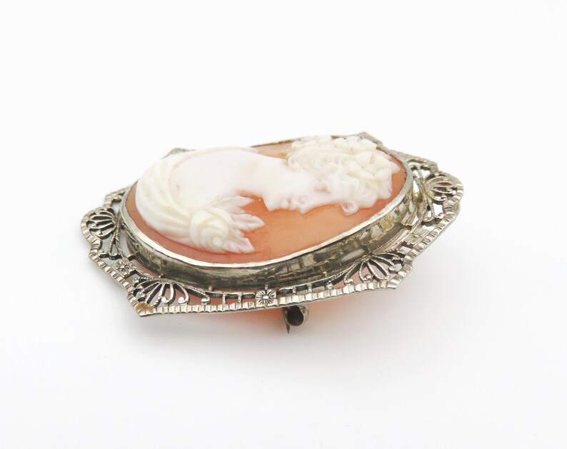 May include: Oval cameo brooch featuring a woman's profile carved in white against a peach background. The cameo is set in a silver-toned filigree frame with a pin clasp on the back. A classic piece of jewelry.
