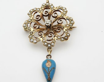 Colgante victoriano de oro macizo de 14k con perlas de semillas y diamantes auténticos en el centro, broche tipo pin.