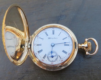 1907 Hampden Diadem, Hunter Case 14K Yellow GF Leaf Motif Engraved, Lever Set Woman's Pocket Watch. Serviced, Keeps Accurate Time