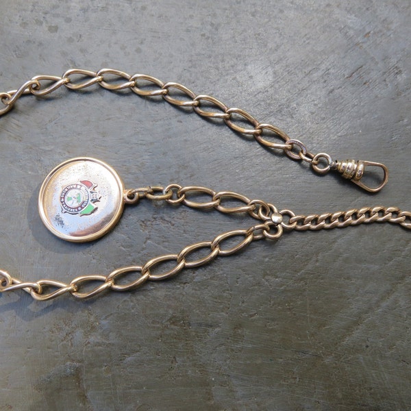 Antique 1930's L MFG (Le Stage Mfg. Co.) 12K Yellow Gold-Filled Pocket Watch Chain and Enameled Fob