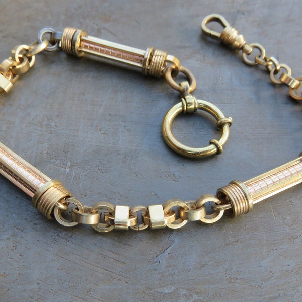 Victorian Era Art Deco Rose and Yellow Gold-Filled Special Links Pocket Watch Chain in extra clean and polished condition.