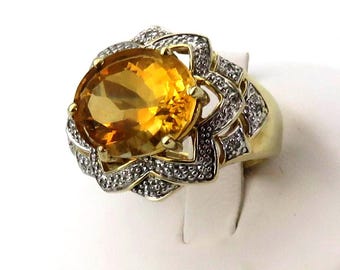 10k  solid Gold Citrine Diamond Floral Cocktail prong Ring size 6