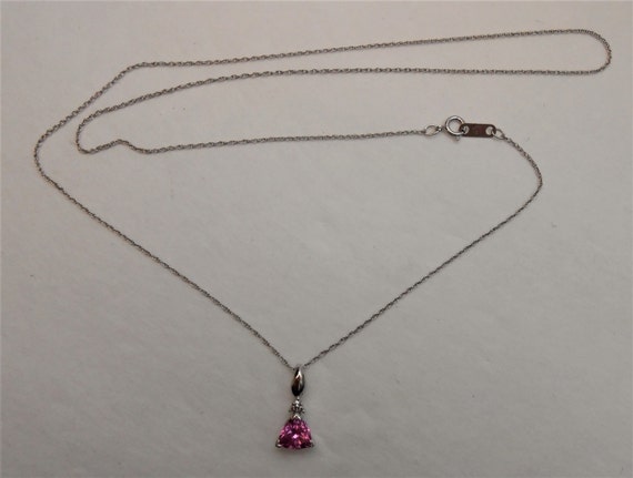 10K White Gold Pink Sapphire Triangle Pendant Nec… - image 1
